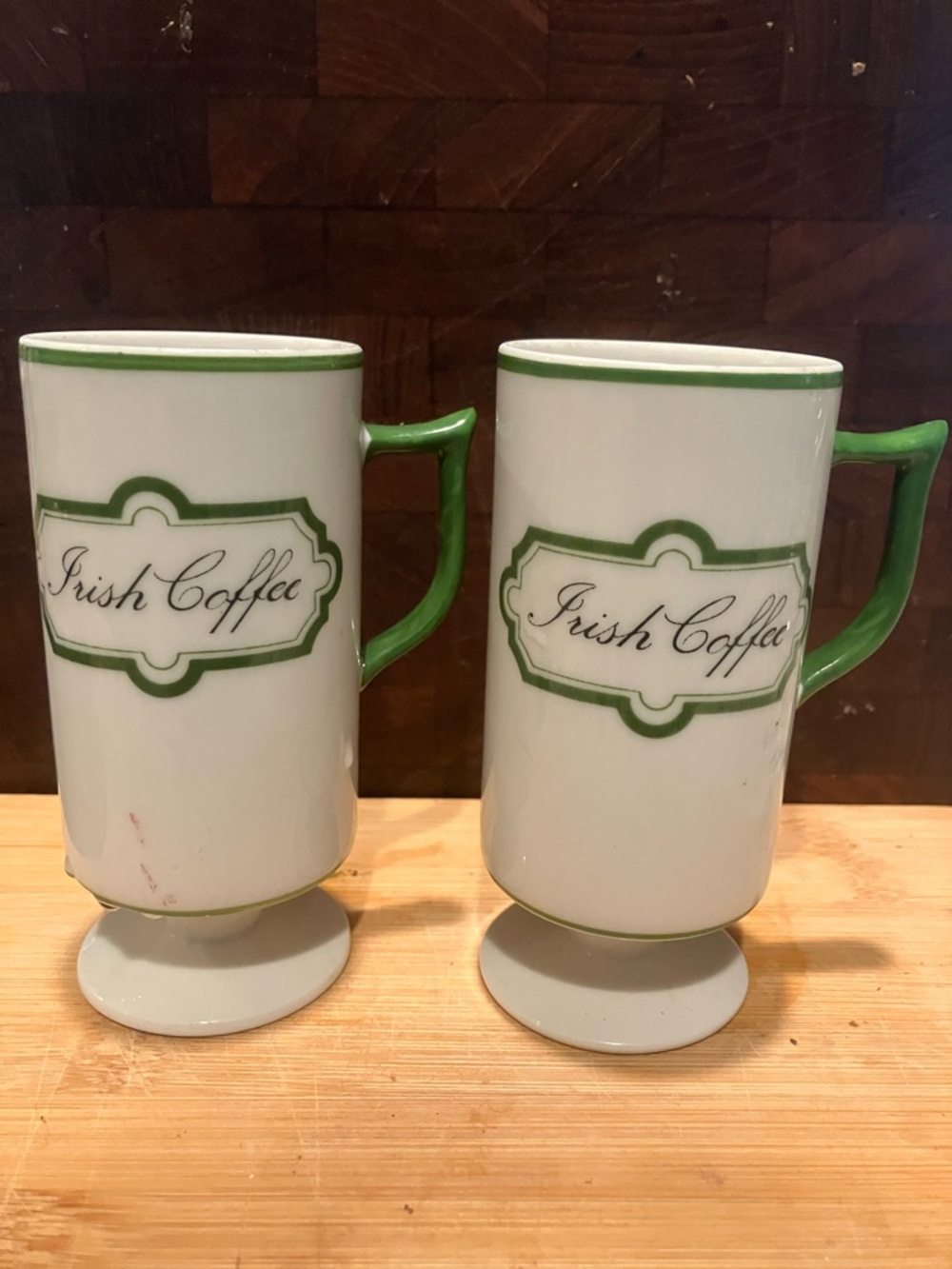 Vintage Knobler Japan pedestal mugs Irish Coffee  - White with Green